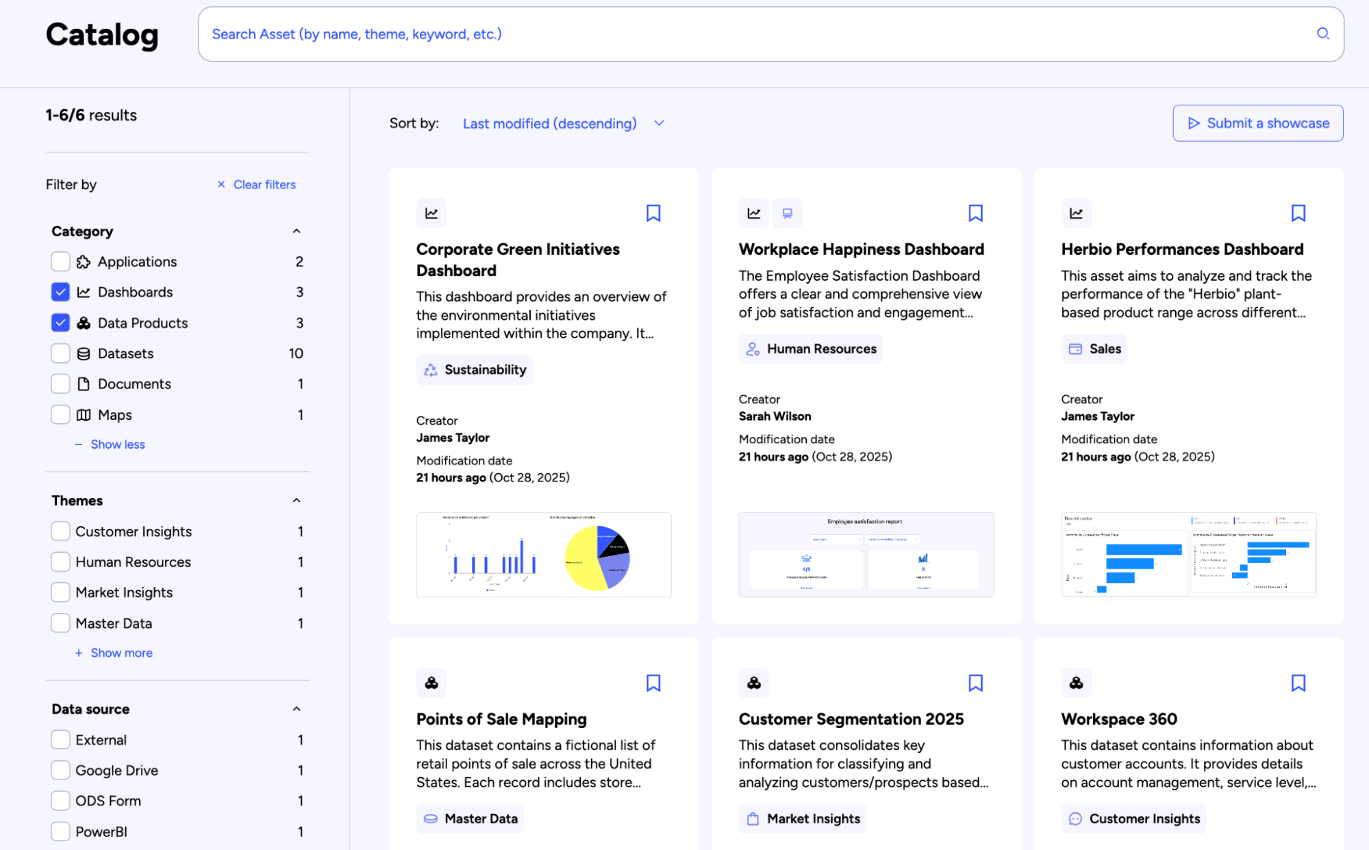 Aperçu catalogue d'une data product marketplace