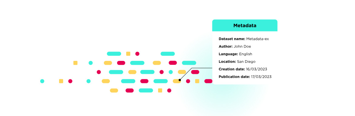 Metadata examples for a dataset including author, location, and creation date, illustrated with a data visualization graphic.